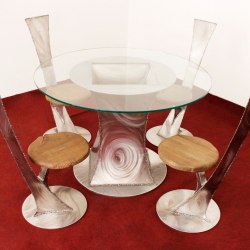 luxusný stôl a stoličky - nerez, drevo, sklo